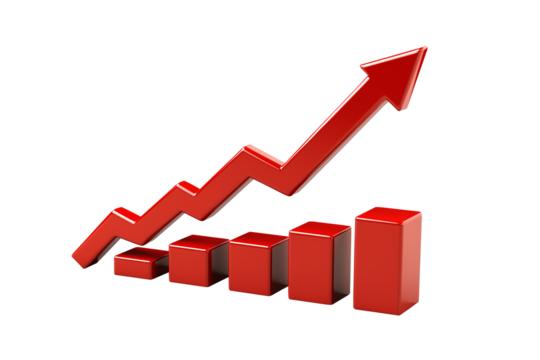 Red upward arrow graph symbolizing growth and success, isolated on a transparent or white background.