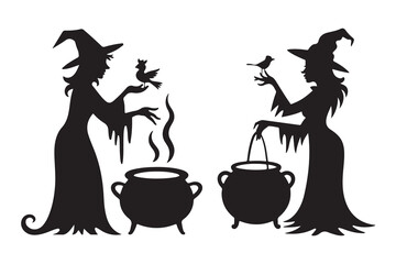 Two Witches with Cauldrons and Birds - Halloween Silhouette Design