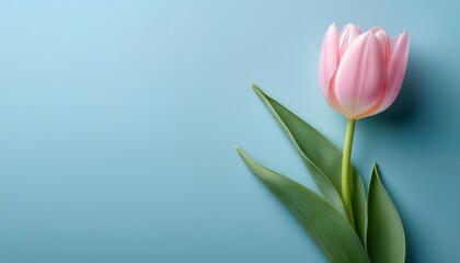 Naklejka premium pink tulip with green stem and leaves lies on a light blue background