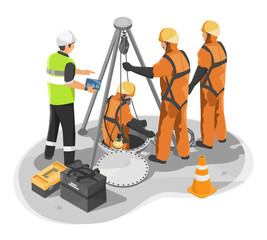 Team of industrial workers performing confined space entry inspection with safety equipment and supervisor monitoring data on tablet isometric © AllahFoto