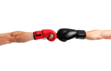 Men in boxing gloves fighting on white background, closeup