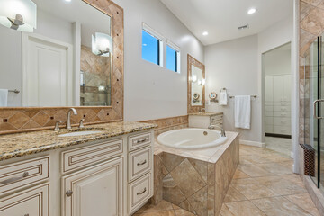 A bathroom that features a tub, sink, mirror, and shower area