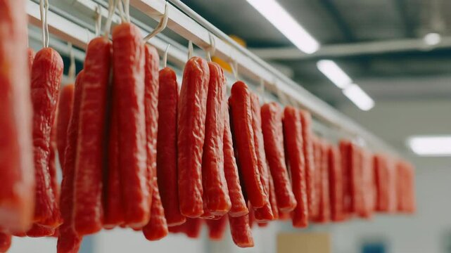 A row of sausages hanging from a conveyor belt. The hot dogs are in various stages of cooking, with some still raw and others already cooked.