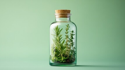 A glass bottle with plants inside that presents a tranquil and minimalist aesthetic, against green studio backdrop