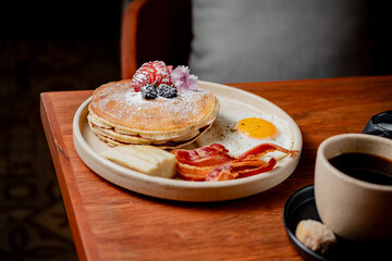 Pancake Breakfast with Fresh Berries and Coffe