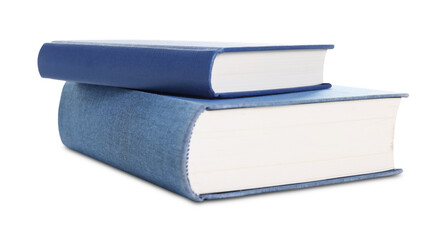 Closed blue hardcover books isolated on white