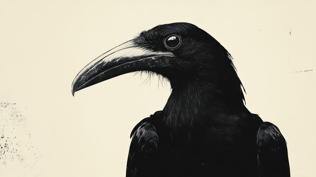 a majestic illustration of a crow, its sleek black feathers and sharp beak are captured in a detailed portrait, on beige backdrop, copy space