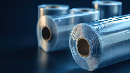 Fototapeta premium Rolls of plastic film: A detailed shot showcases rolls of clear plastic film, conveying industrial functionality, and wrapping concept. The focus is on clarity, smoothness, and practical.