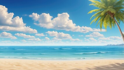 A serene beach scene under a bright, clear blue sky.