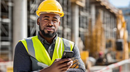 Confident African builder at construction site with smartphone