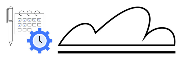 Calendar with checkmarks, pen, clock gear, and cloud outline conveying time management, cloud computing, and task optimization. Ideal for organization, planning, networking productivity technology