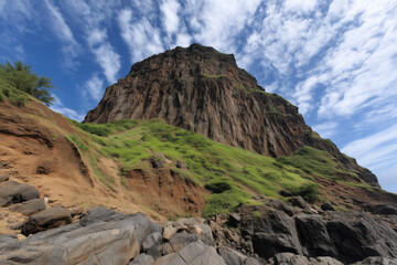 Obraz premium Towering rocky cliff with green vegetation rising against blue sky and scattered clouds, coastal landscape captured from below for travel, adventure, geological formation or nature exploration themes