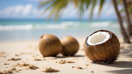 Halved coconuts with white flesh and brown shells arranged next to a whole coconut