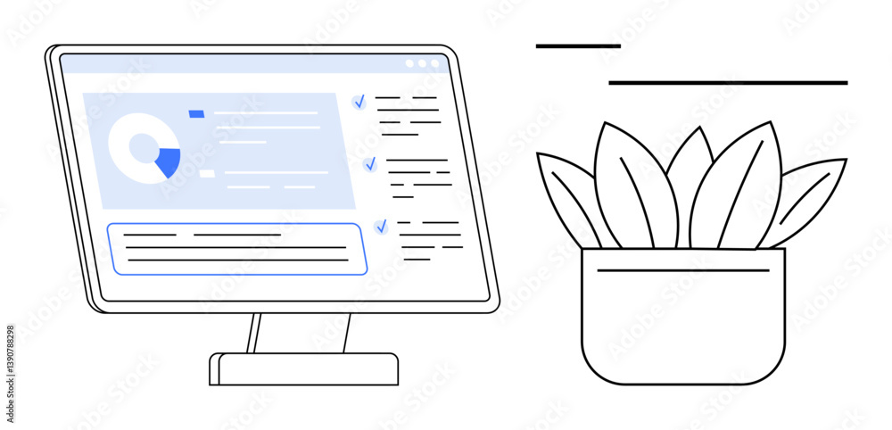 Poster desktop monitor displaying analytics dashboard beside a simple potted plant. ideal for productivity,
