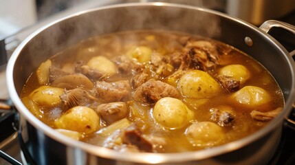 Chicken and potato stew simmering in a pot (1)
