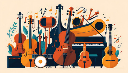 Orchestral Instruments Ensemble: Flat Design, Vibrant Color Palette, Musical Notes Motif.
