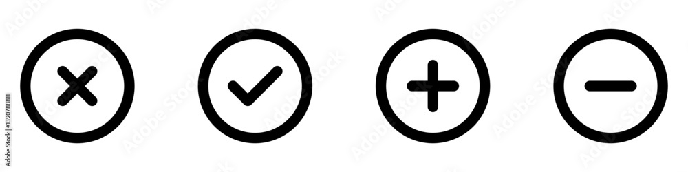 Aufkleber check mark icon button with green tick box and red cross. set of plus, minus icons - right and wrong buttons , close and new icons