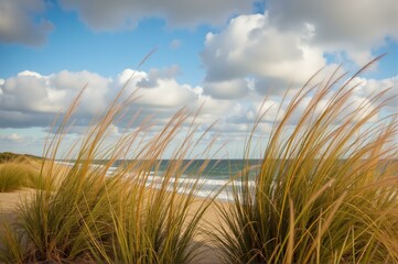 Coastal Grasses Bending in Strong Winds &ndash; Golden Reeds Against Cloudy Sky for Hurricane Season Content, Storm Preparation Blogs, and Climate Change Education