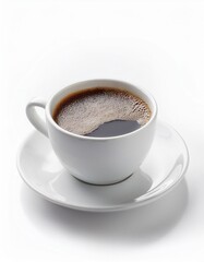Fototapeta premium White ceramic cup of black coffee on saucer against bright background