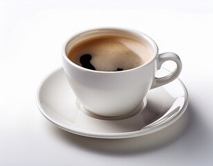 White ceramic cup with freshly brewed coffee on saucer