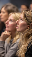 Obraz premium Close-up profile view of blonde woman's face and hair, two other women blurred in background, showcasing attentive listening, focus and engagement
