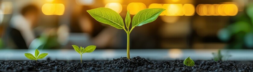 Business team collaborating on sustainability strategy in office space focused on growth and green initiatives