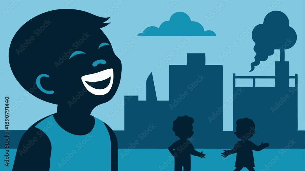 Poster echo of laughter a silhouette of laughing children playing in the background while a child works in 