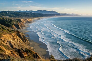 Naklejka premium Aerial view of a coastline with cliffs and trees meeting the ocean under a clear sky landscape
