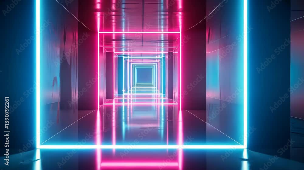 Aufkleber hypnotic geometric portal neon blue and pink light emanates from a pulsating square gateway distorti