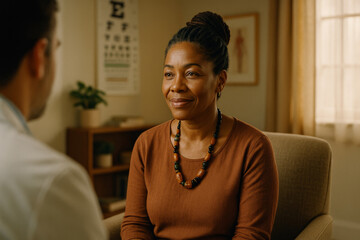 Radiant Middle-Aged Black Woman in Cozy Doctor’s Office, Health and Wellness Promotion
