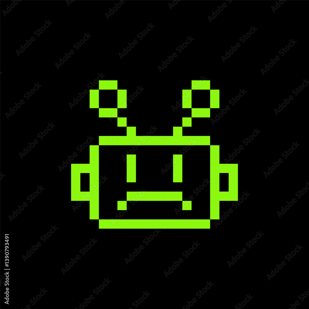 Poster sad bot pixel art icon. sad robot. sorry chatbot 8 bit emoji. vintage retro sticker. editable pixel 