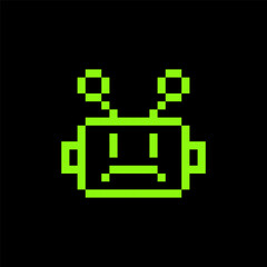 Sad bot pixel art icon. Sad robot. Sorry chatbot 8 bit emoji. Vintage retro sticker. Editable pixel vector green design element. Game abstract element. Y2k geometric shape for collage. Bold and groovy