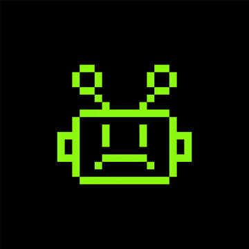 Sad bot pixel art icon. Sad robot. Sorry chatbot 8 bit emoji. Vintage retro sticker. Editable pixel vector green design element. Game abstract element. Y2k geometric shape for collage. Bold and groovy