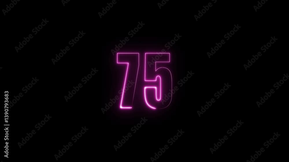 Poster abstract glowing neon text 75 number countdown icon. glowing sign on black background neon number. g