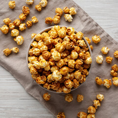 Homemade Caramel Popcorn in a Bowl, top view.