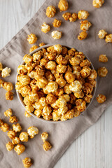 Homemade Caramel Popcorn in a Bowl, top view.