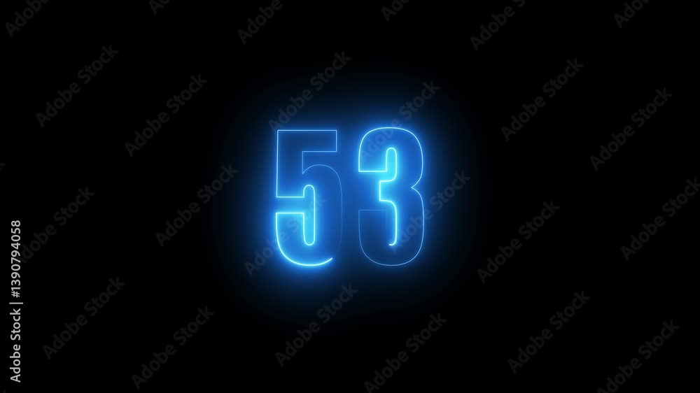 Poster abstract glowing neon text 53 number countdown icon. glowing sign on black background neon number. g