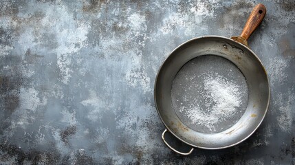 top view of an empty frying pan on a rustic gray background