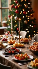 A beautifully set dining table filled with an array of festive dishes and treats, surrounded by cheerful Christmas decorations and a twinkling tree in the background.