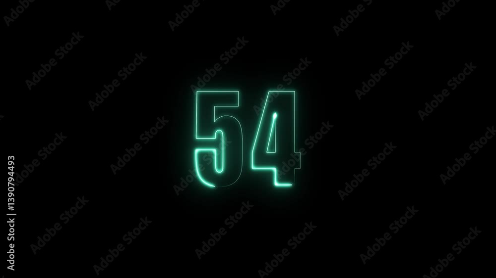 Poster abstract glowing neon text 54 number countdown icon. glowing sign on black background neon number. g