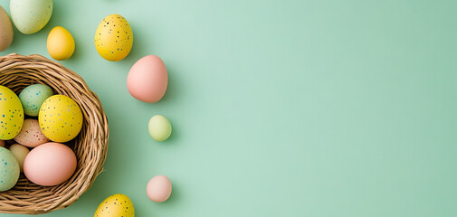 Easter background with Easter eggs in a basket and pastel-colored 