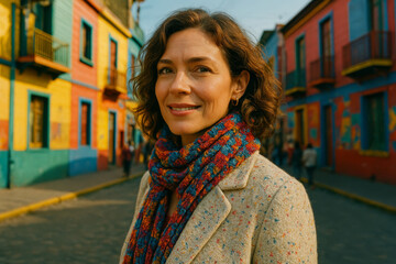 Captivating Woman in Her 40s in Vibrant Urban Street, Cultural Essence, Tourism