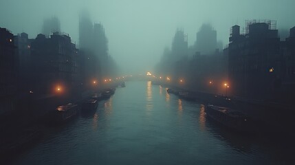 Naklejka premium Foggy Urban Waterway at Night with Illuminated Streetlights and Silhouetted Structures
