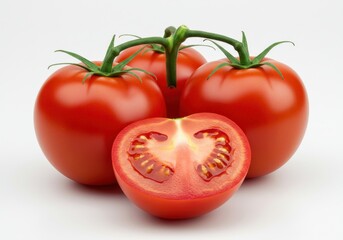 A group of ripe red tomatoes with green stems and one tomato cut in half on a white background