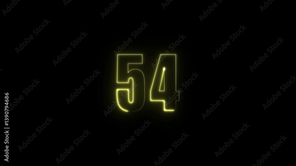 Poster abstract glowing neon text 54 number countdown icon. glowing sign on black background neon number. g