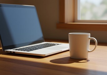 Fototapeta premium Laptop and Coffee Mug on Wooden Desk in Sunlight