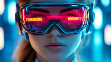 A stunning woman in sci-fi neonpunk style, wearing futuristic VR eyewear, symbolizing the integration of artificial intelligence, virtual reality, and metaverse technology.

