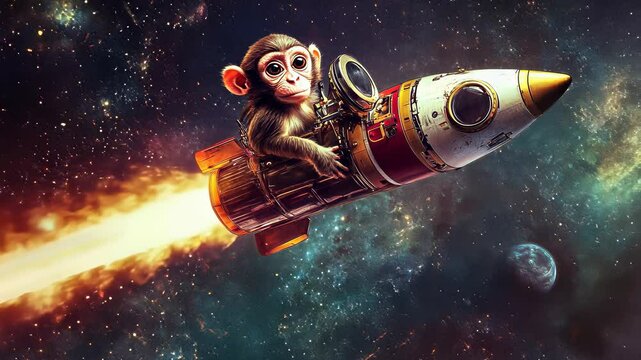 Monkey astronaut takes off on a space adventure in a colorful rocket against a galaxy backdrop