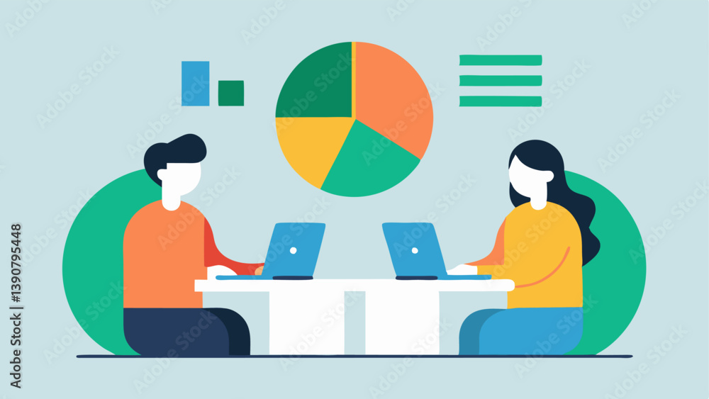 Poster budgeting a couple sitting at a table focused on a spreadsheet with pie charts and budget categories