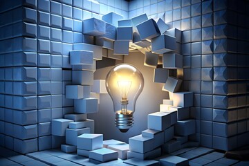 Light bulb Breaking Out of Cube Walls &ndash; Thinking Outside the Box Concept